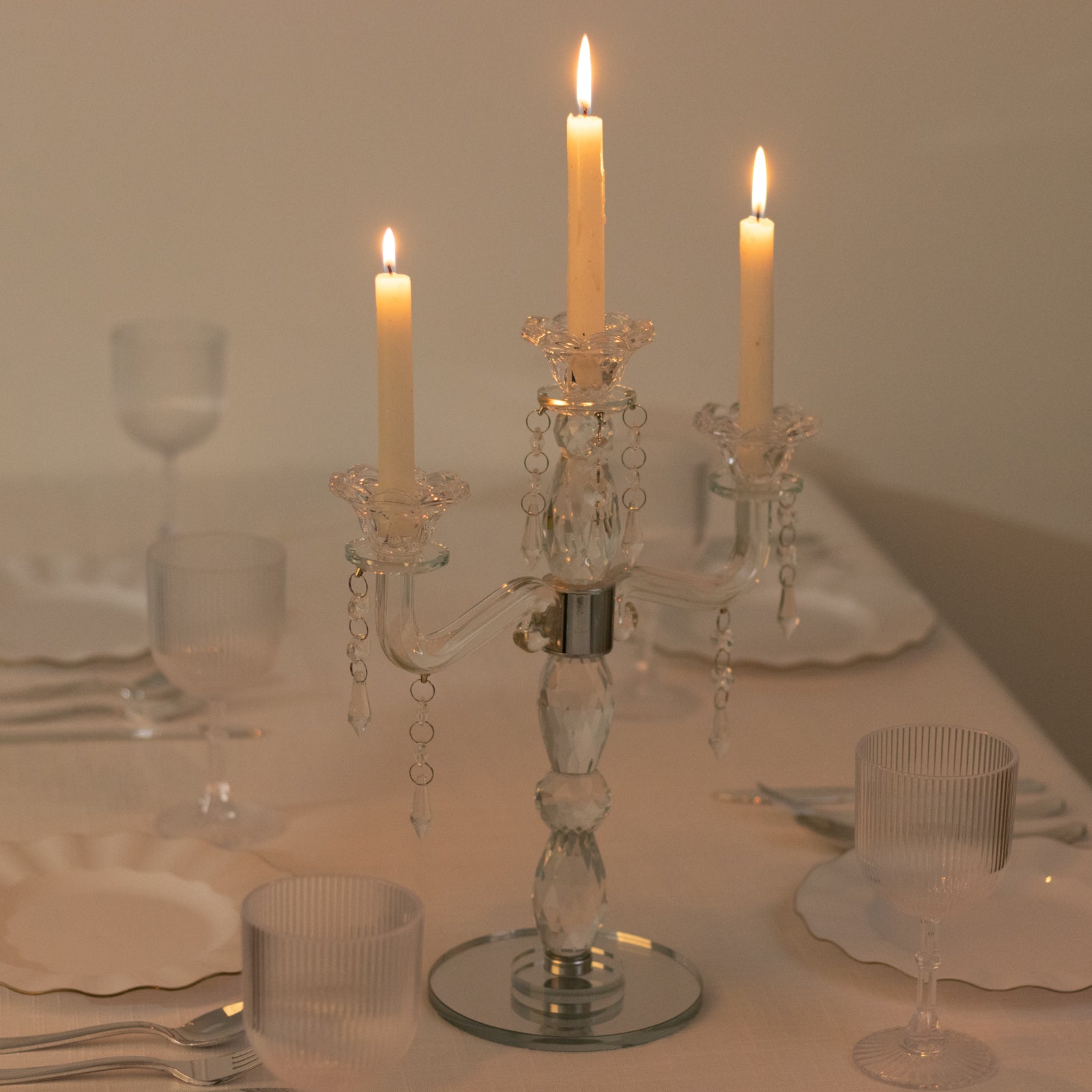 Crystal 3-Arm Candelabra Taper Candle Holder with Hanging Prisms & Round Mirror Base – Faceted Cut Glass Design - 14" Tall